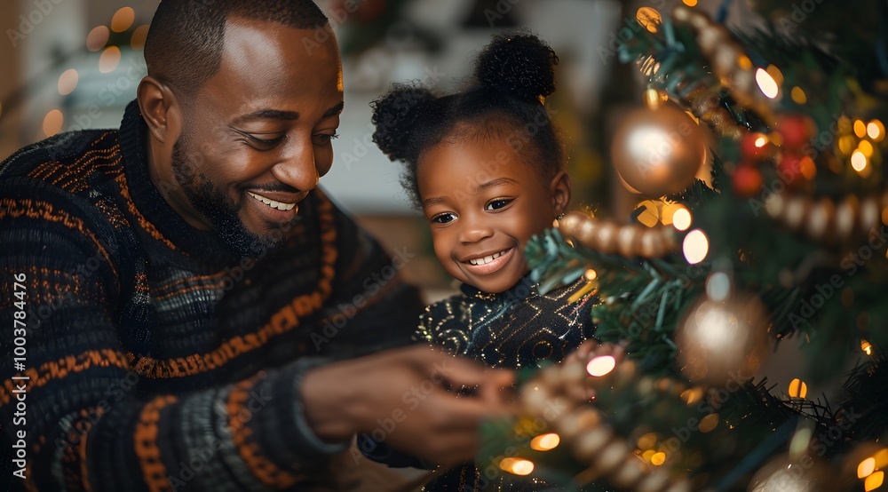 Joyful Christmas Celebration: African American Father and Daughter Decorating Tree Joyful Christmas Celebration: African American Father and Daughter Decorating Tree