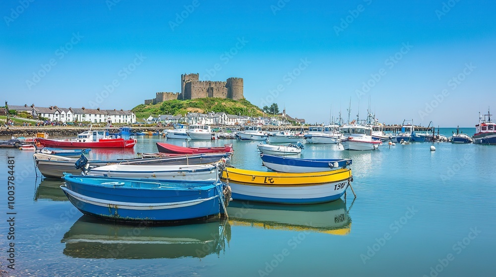 Obraz premium Fishing and pleasure boats, the pier bullworks and Gorey Castle in the background with blue sky. 