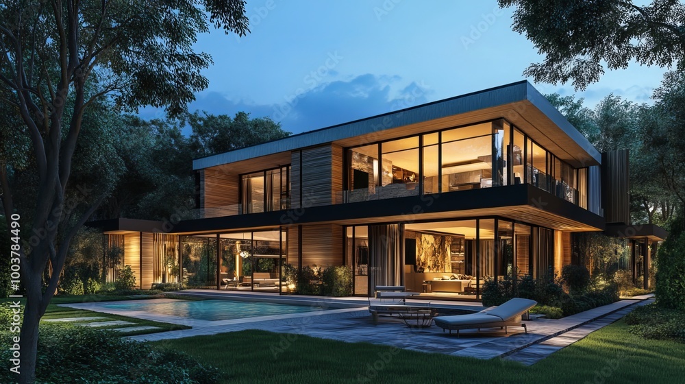 A modern villa with light wood paneling is rendered in 3D. It has a large garden with a pool, and is illuminated by evening light. A modern villa with light wood paneling is rendered in 3D. It has a large garden with a pool, and is illuminated by evening light.