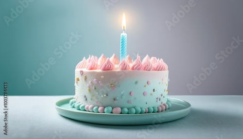 Burning candle on delicious birthday cake on light background table 