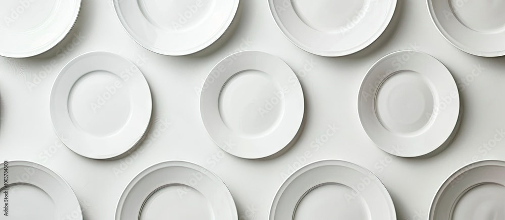 White plates displayed on a blank white background with copy space image White plates displayed on a blank white background with copy space image