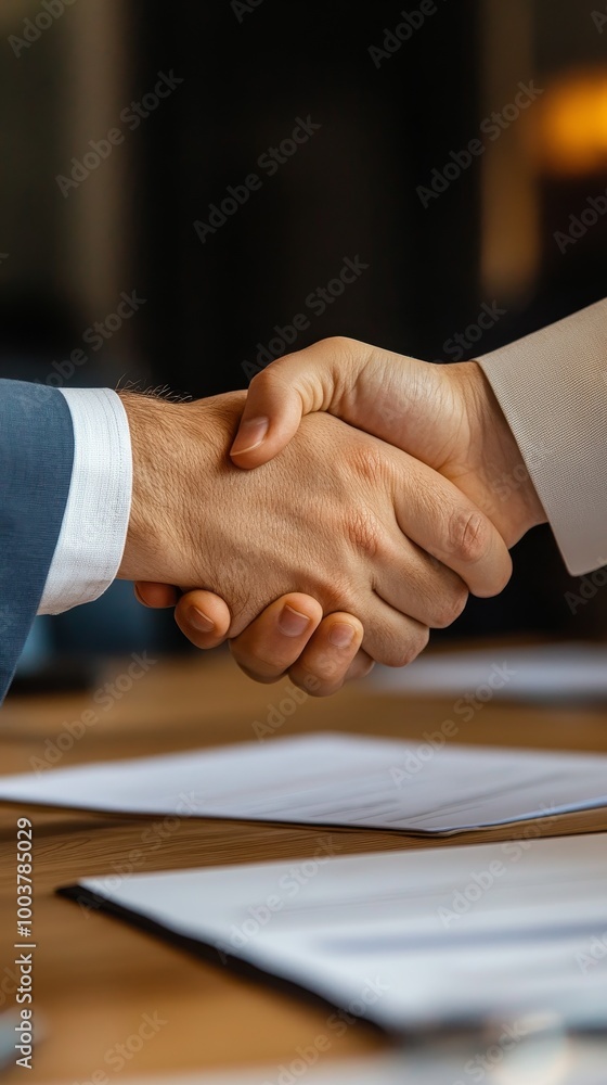 Two Hands Shaking Over a Table in a Business Setting