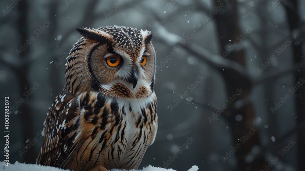 A majestic owl with piercing yellow eyes sits perched on a snowy branch in a wintery forest, with snowflakes gently falling around it. A majestic owl with piercing yellow eyes sits perched on a snowy branch in a wintery forest, with snowflakes gently falling around it.