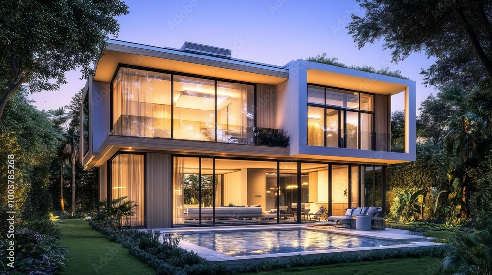 A modern villa with light wood paneling is rendered in 3D. It has a large garden with a pool, and is illuminated by evening light. A modern villa with light wood paneling is rendered in 3D. It has a large garden with a pool, and is illuminated by evening light.