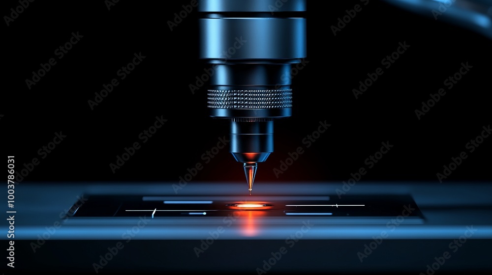 Precision Engineering: A close-up shot of a robotic arm with a laser tip, focused on a circuit board with glowing red light, capturing the essence of precision and detail in advanced manufacturing. Precision Engineering: A close-up shot of a robotic arm with a laser tip, focused on a circuit board with glowing red light, capturing the essence of precision and detail in advanced manufacturing.