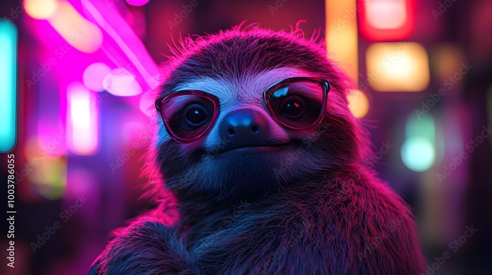 Naklejka premium Ultra-Realistic Neon Light Sloth Image Highlighting Luminous Animal Details