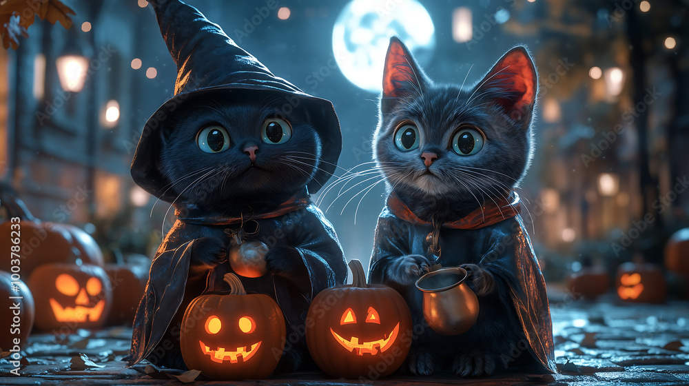 Naklejka premium Halloween cat with pumpkin