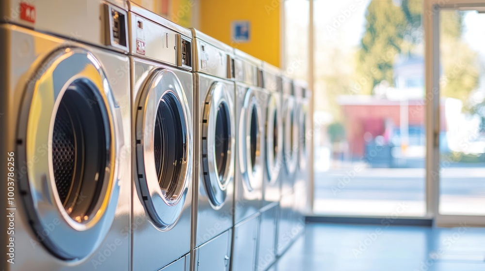 A row of washing machines in a bright laundromat, ready for use. A row of washing machines in a bright laundromat, ready for use.