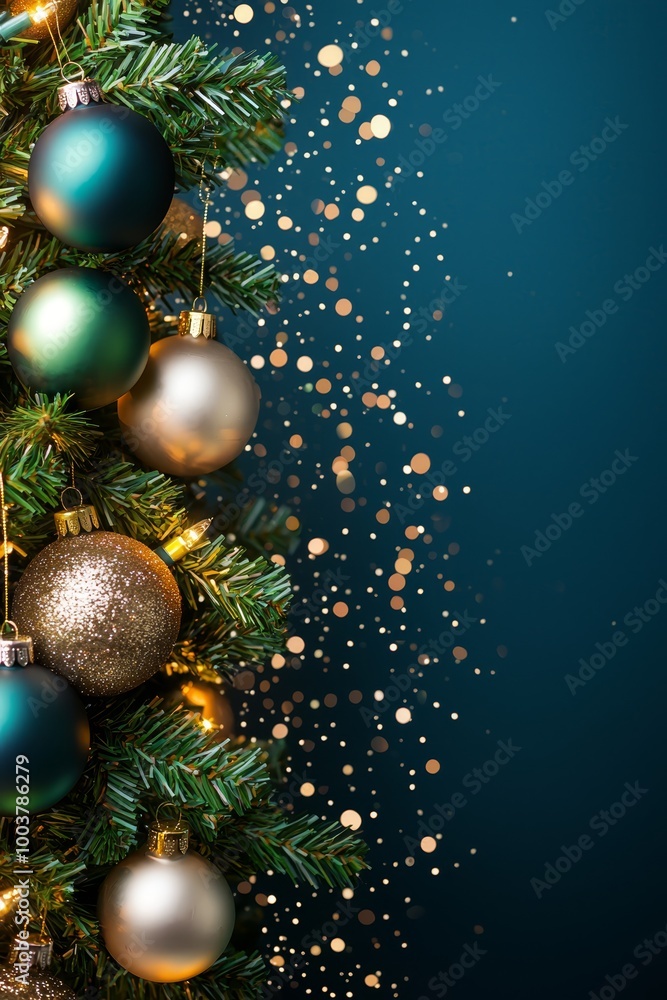 A tight shot of a Christmas tree against a blue backdrop, adorned with gold and silver ornaments, and speckled with snowflakes A tight shot of a Christmas tree against a blue backdrop, adorned with gold and silver ornaments, and speckled with snowflakes