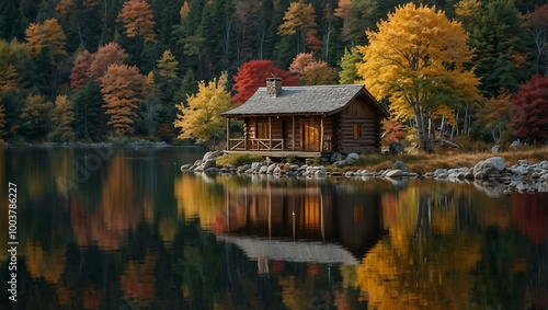 A serene log cabin by a lake, perfectly mirrored in the still water and surrounded by autumn foliage.