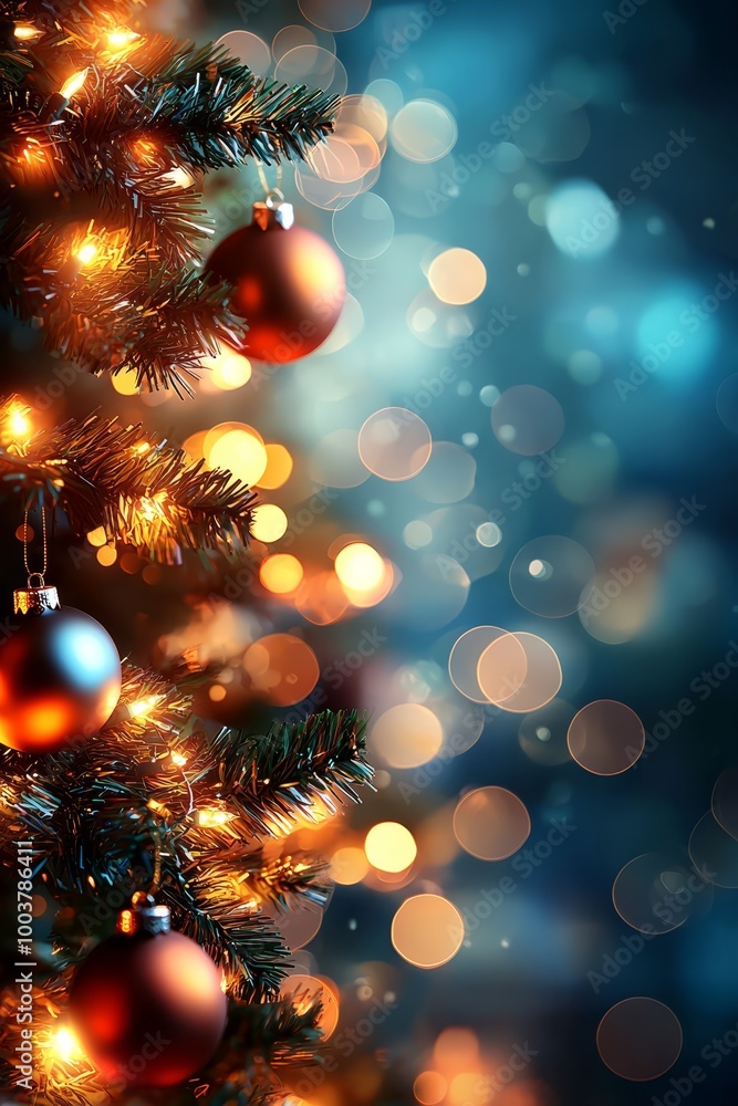 A tight shot of a Christmas tree with a softly blurred background and focused foreground lights A tight shot of a Christmas tree with a softly blurred background and focused foreground lights