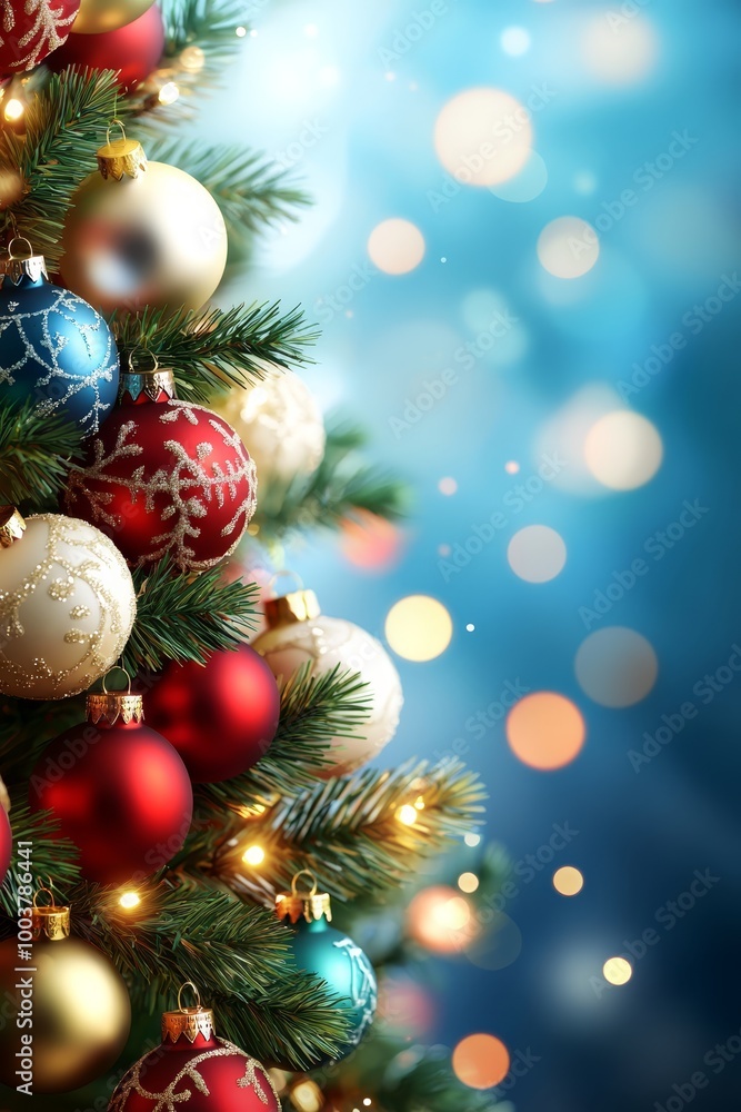 A Christmas tree adorned with red, white, and blue ornaments against a blue backdrop dotted with drifts of snowflakes A Christmas tree adorned with red, white, and blue ornaments against a blue backdrop dotted with drifts of snowflakes