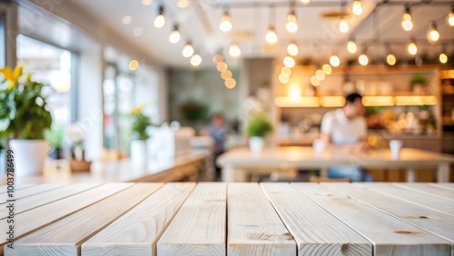 A blurred cafe backdrop enhances the white wooden tabletop, ideal for contemporary interior design projects aiming for