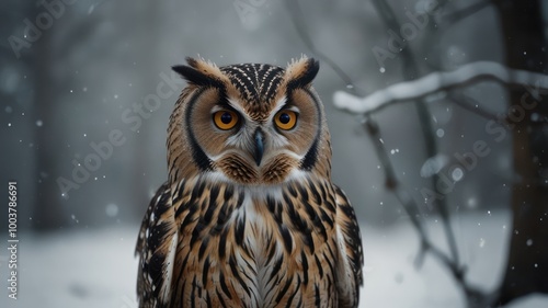 A majestic brown and black owl with piercing yellow eyes stares intently at the camera in a snowy forest.