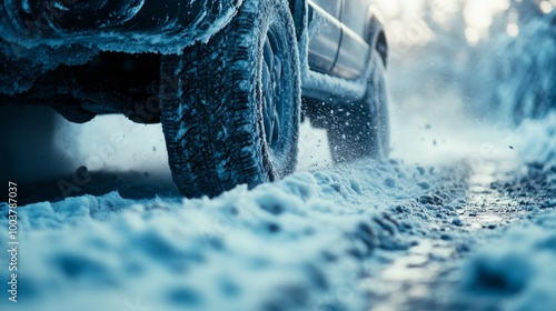 A dynamic image of car tires cutting through packed snow and ice, deep tread marks revealing the rough texture of the winter road surface photo