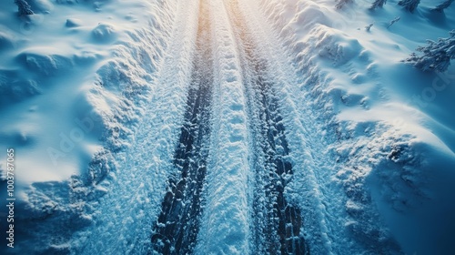 A dynamic image of car tires cutting through packed snow and ice, deep tread marks revealing the rough texture of the winter road surface photo