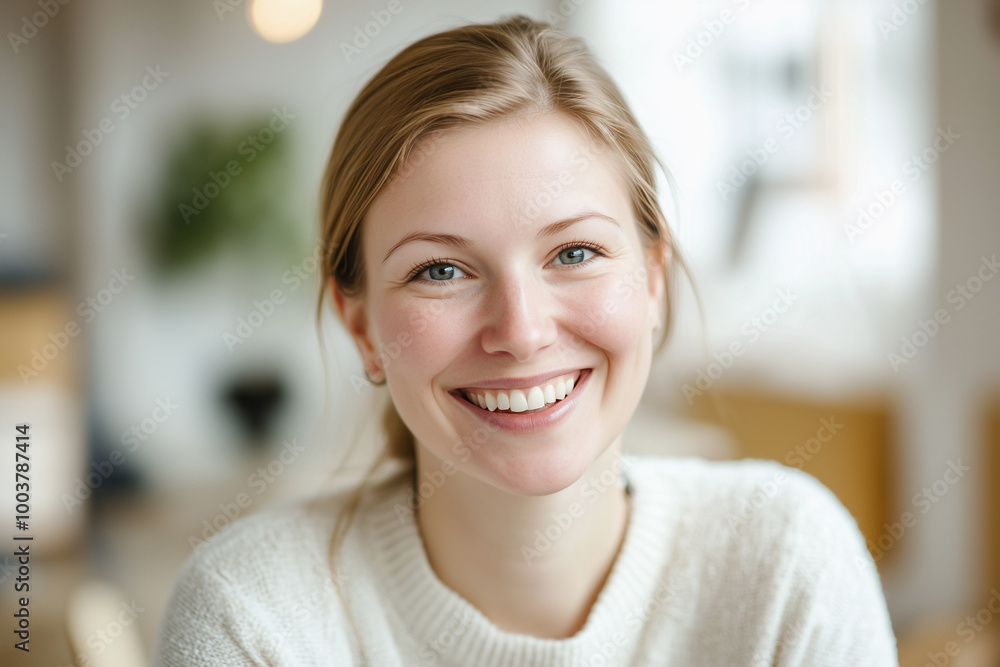 A young woman smiles brightly while wearing a cozy sweater in a well-lit cafe. A young woman smiles brightly while wearing a cozy sweater in a well-lit cafe.