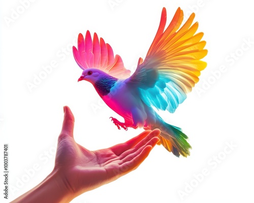 Hands gently releasing a dove into the sky with vibrant colors, symbolizing peace and a hopeful future