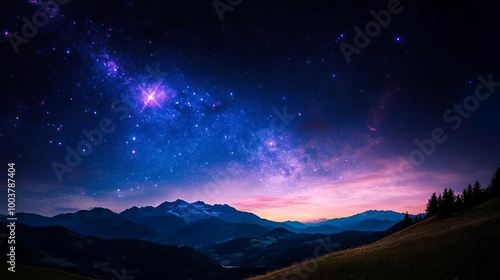 Starry night sky over mountain range