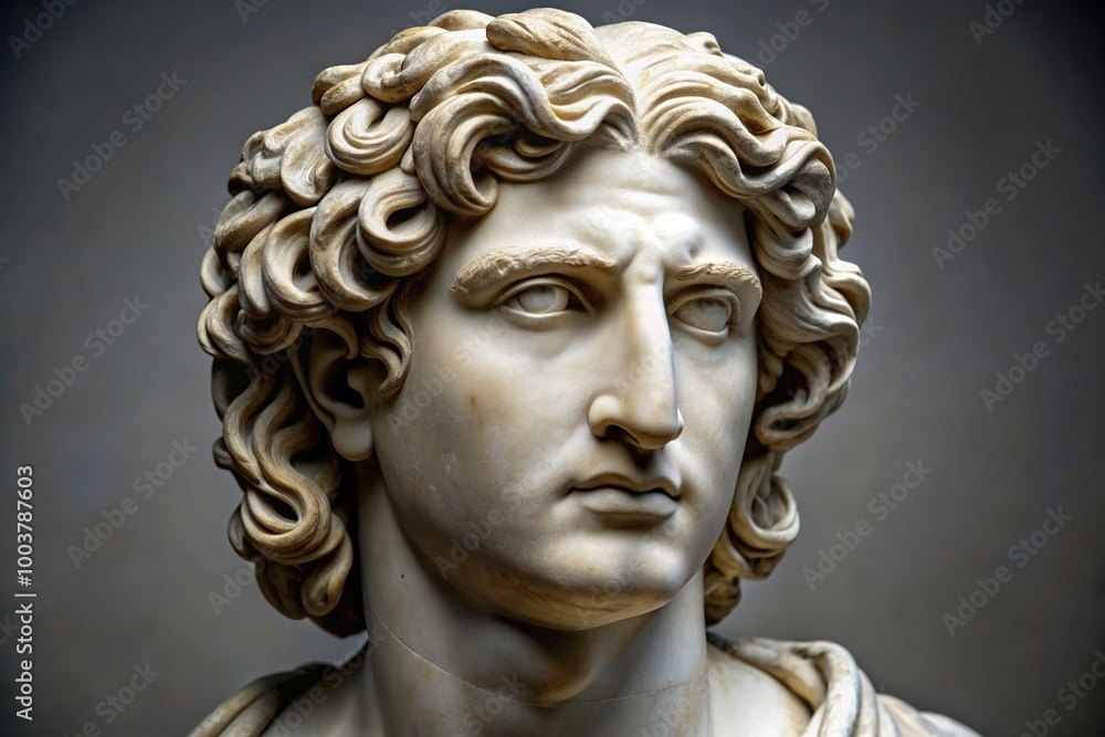details, intricate, Alexander the Great, marble bust, An ancient marble bust of Alexander the Great with intricate details and a regal expression details, intricate, Alexander the Great, marble bust, An ancient marble bust of Alexander the Great with intricate details and a regal expression