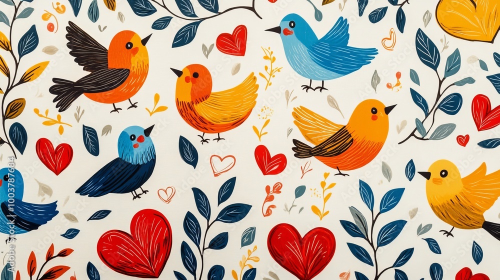 A lively pattern featuring cheerful cartoon birds in bold colors, fluttering between playful hearts and swirling leaves on a clean white canvas A lively pattern featuring cheerful cartoon birds in bold colors, fluttering between playful hearts and swirling leaves on a clean white canvas