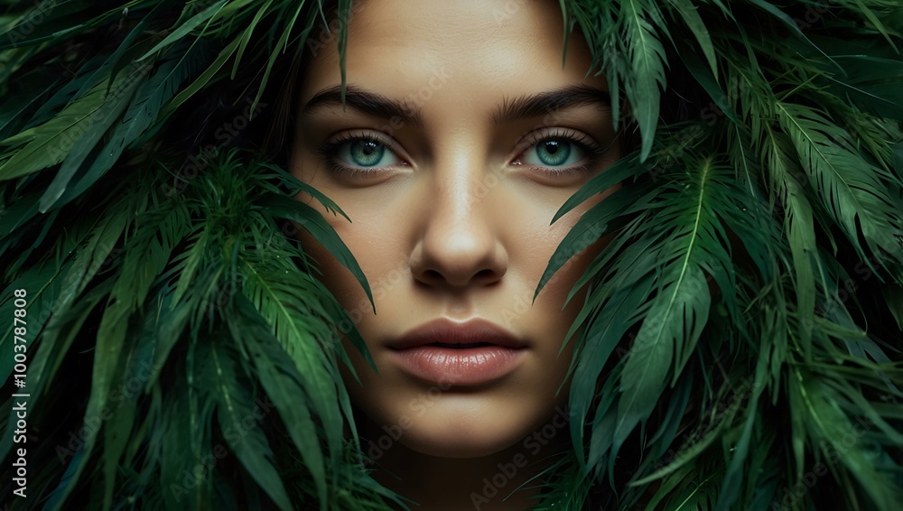 A woman’s face is partially hidden by lush green feathers. A woman’s face is partially hidden by lush green feathers.