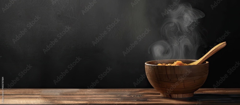 Φωτογραφία A bowl of hot soup with steam rising accompanied by a wooden spoon on a wooden table with a black background