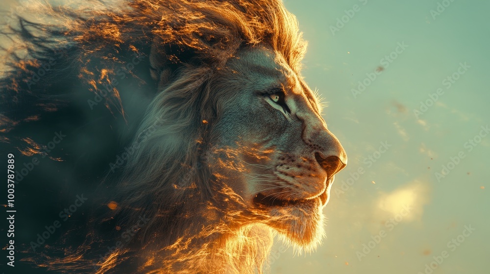 Naklejka premium A majestic lion's face intertwined with the gentle expression of Jesus, their features blending in a radiant, spiritual double exposure