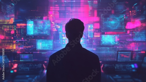 A man's silhouette outlined by bright neon colors, standing before a futuristic control room filled with floating holographic screens