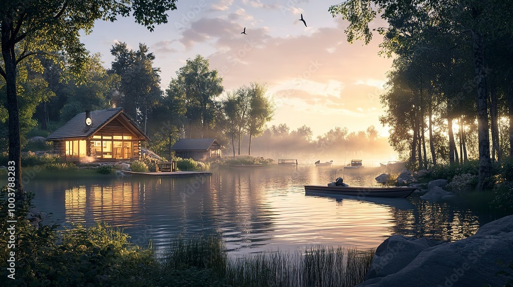 Obraz premium Create a 3D rendering of a serene lakeside retreat. What features, such as cabins, boats, and natural surroundings, make it a perfect getaway 
