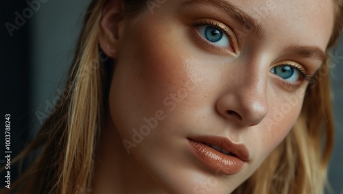 A woman's face features golden makeup and blue eyes.