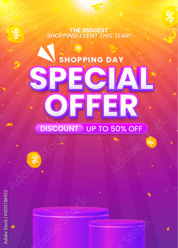 Realistic colorful special offer sale vertical poster flyer design template shop now with podium