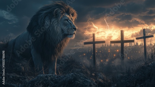 A regal lion standing tall on Calvary Hill, gazing over three wooden crosses, dramatic lightning in the distance, merging with an ethereal scene of resurrection