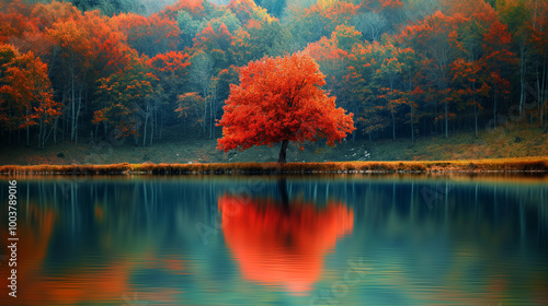 An autumn forest scene featuring a solitary maple tree with bright red and orange leaves photo