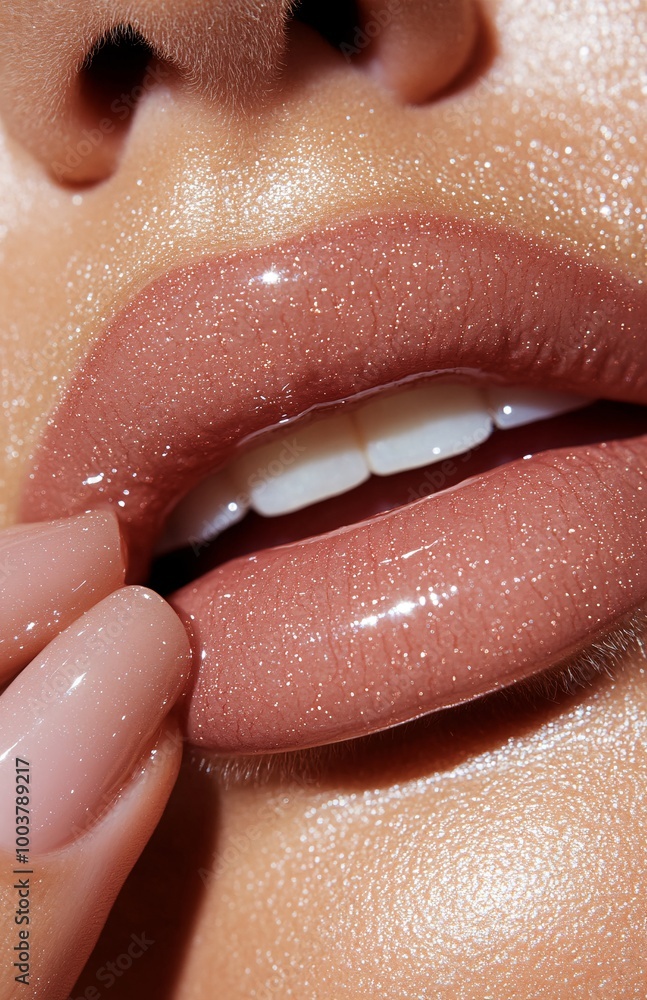 model's hand with well-groomed nails, resting on her chin or upper lip in an inviting gesture. model's hand with well-groomed nails, resting on her chin or upper lip in an inviting gesture.