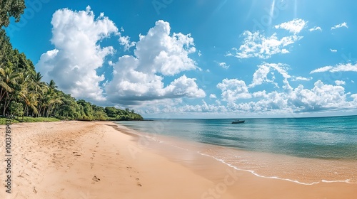 Fototapeta Naklejka Na Ścianę i Meble -  Clean sandy beach with cloudy sunny sky panorama view, natural landscape scenery, sandy tropical summer beach, summer vacation banner, the beautiful sea on a sunny day 