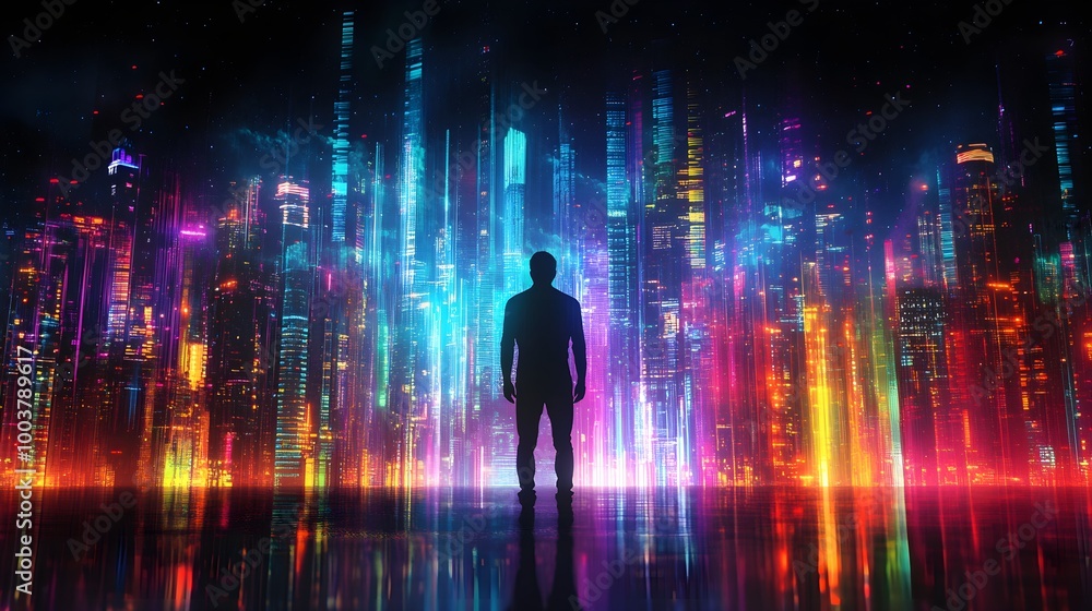 Abstract silhouette of a man with colorful light trails in front of a sci-fi metropolis, vibrant neon colors, advanced technology setting Abstract silhouette of a man with colorful light trails in front of a sci-fi metropolis, vibrant neon colors, advanced technology setting