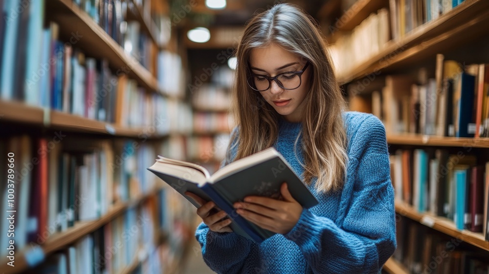A woman is reading a book in a library A woman is reading a book in a library
