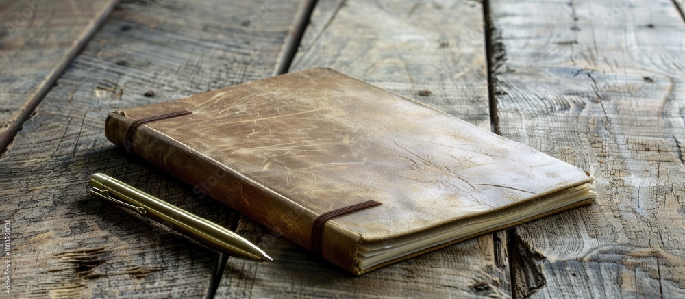 notebook and pen on a weathered wooden table. Copy space image. Place for adding text and design notebook and pen on a weathered wooden table. Copy space image. Place for adding text and design