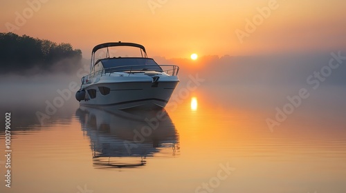 Cabin cruiser at sunrise on a tranquil lake 