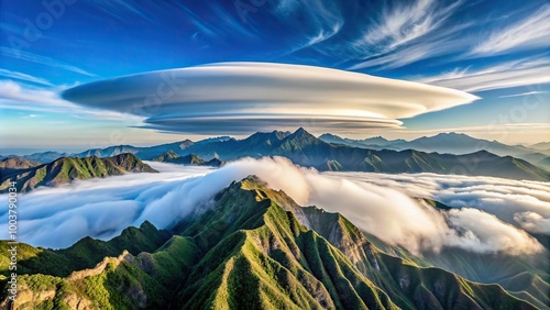 Lenticular cloud formation over the mountains in Tienshan, aerial view photo