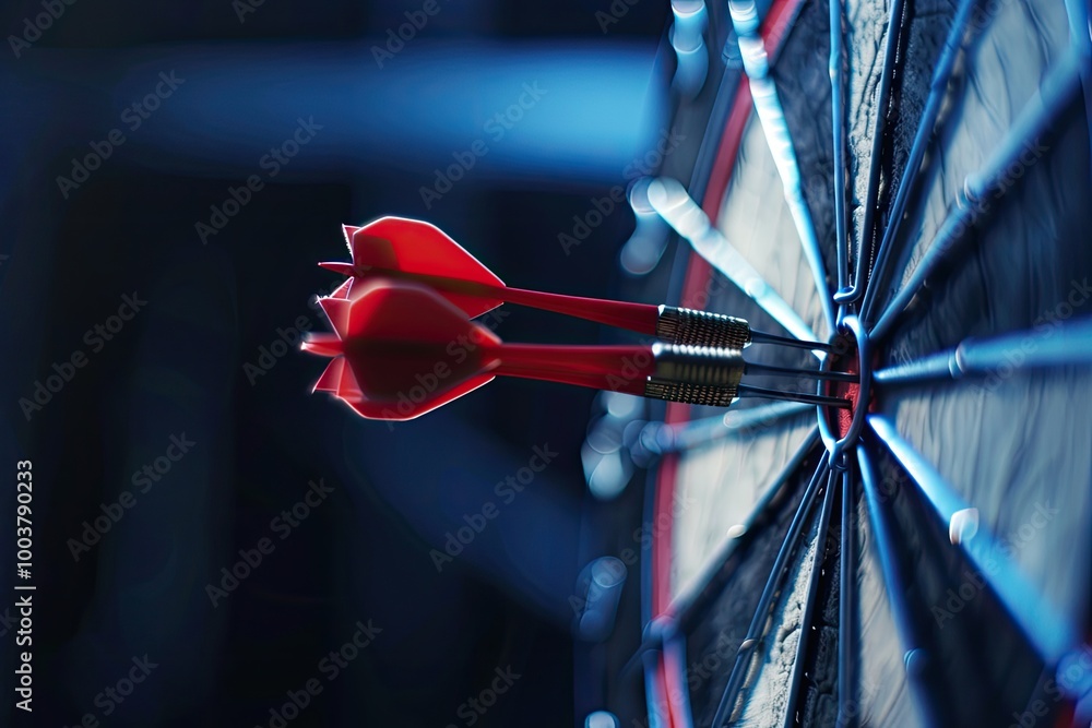 Close up shot red darts arrows in the target center on dark blue sky background. Close up shot red darts arrows in the target center on dark blue sky background.