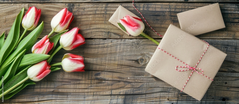 Blank card with text space lovely tulips and a gift on a wooden table. Copy space image. Place for adding text and design Blank card with text space lovely tulips and a gift on a wooden table. Copy space image. Place for adding text and design