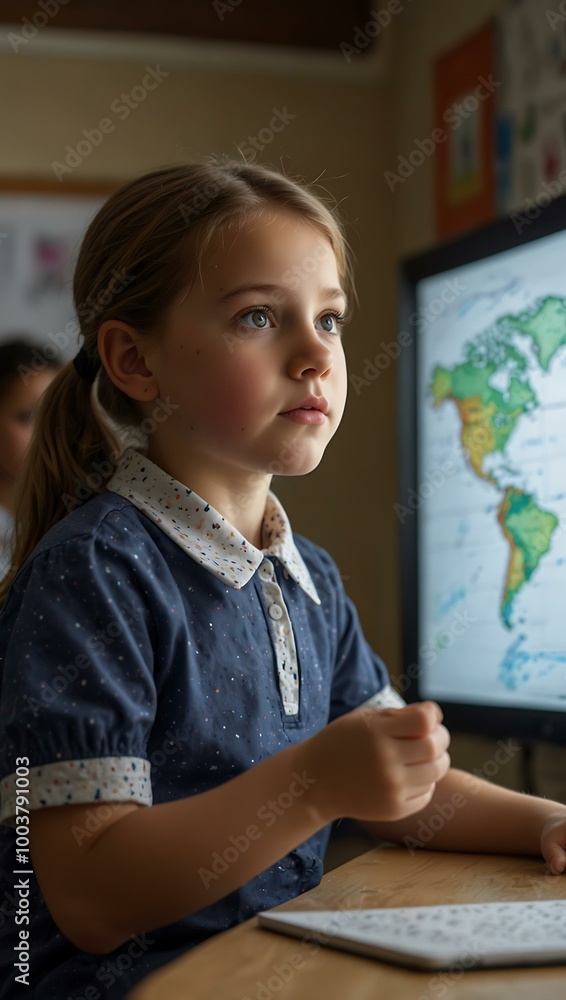 A young girl attentively engaged in a classroom lesson, focused on an interactive screen. A young girl attentively engaged in a classroom lesson, focused on an interactive screen.