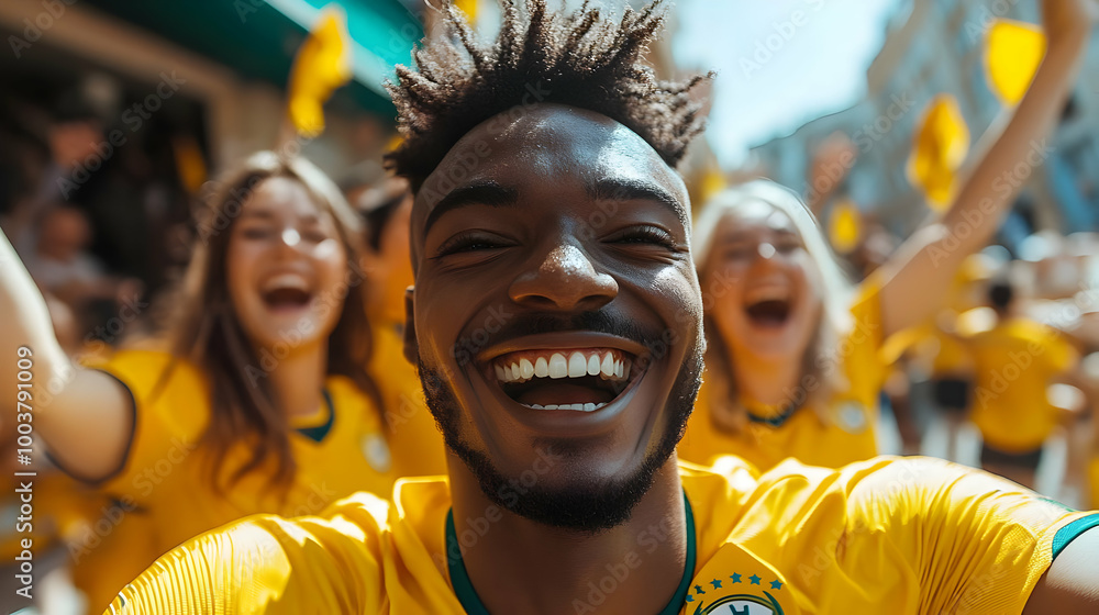 Cheerful Fans Celebrate with Joyful Laughter and Smiles Cheerful Fans Celebrate with Joyful Laughter and Smiles