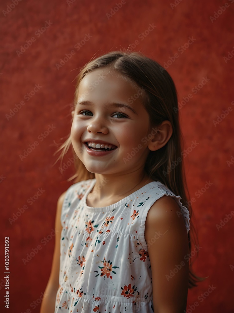 A young girl beaming with joy against a vibrant red background. A young girl beaming with joy against a vibrant red background.