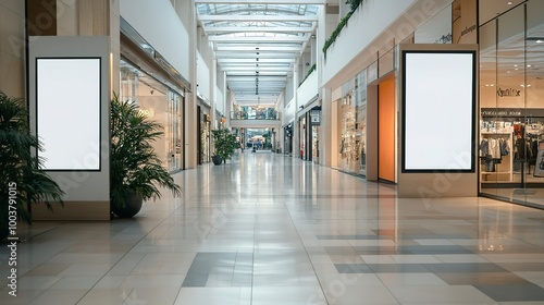 Blank advertising mockup for advertisement at the shopping mall or A mockup poster stands within a shopping Centre mall 