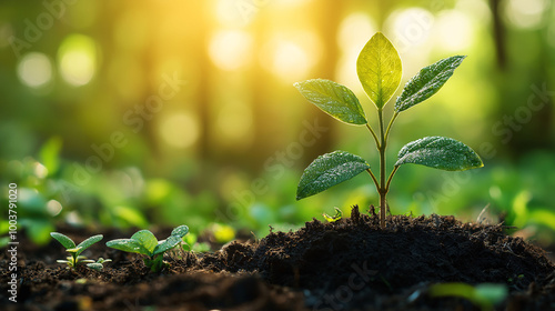 New Life Green Plant Sprouting In Soil With Sunlight And Bokeh Background