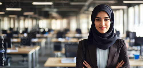 Professional woman in a hijab standing confidently in a modern office space during daytime