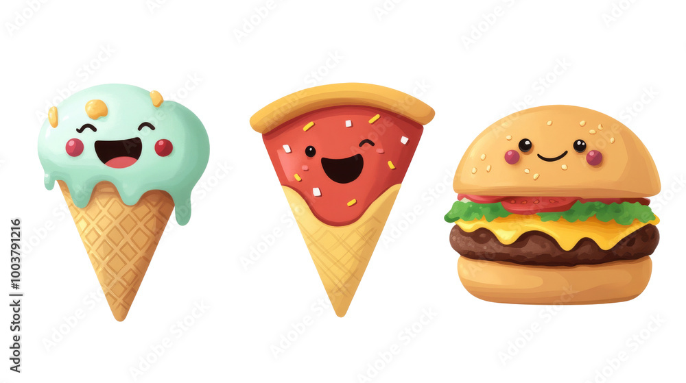 Cute Food Friends Ice Cream, Pizza, and Burger. Cute Food Friends Ice Cream, Pizza, and Burger.